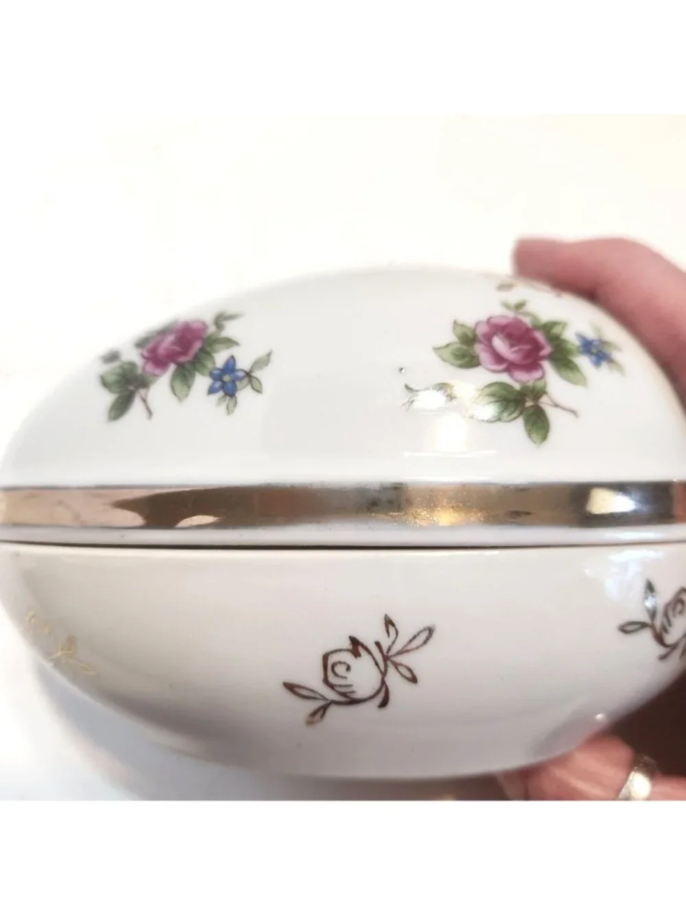 Hand-Painted Porcelain Egg-Shaped Trinket Box With Gold Accents & Floral Design